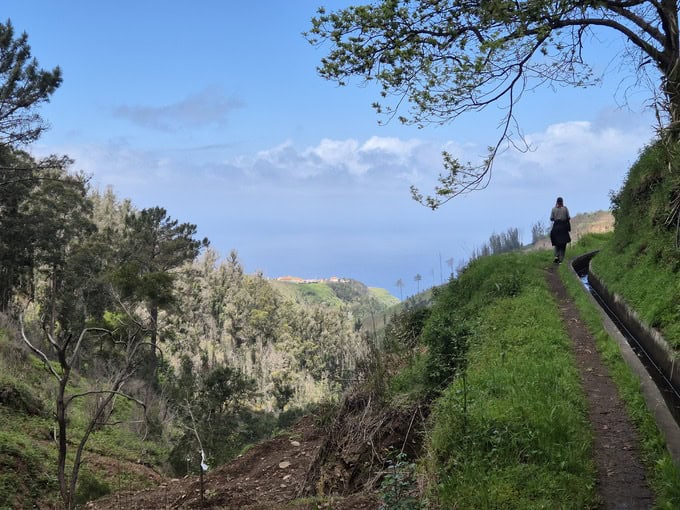 Wandelaar loopt langs een levada op een smal en leeg pad met uitzicht over de groene heuvels van Madeira, een typisch landschap tijdens het wandelen op Madeira.